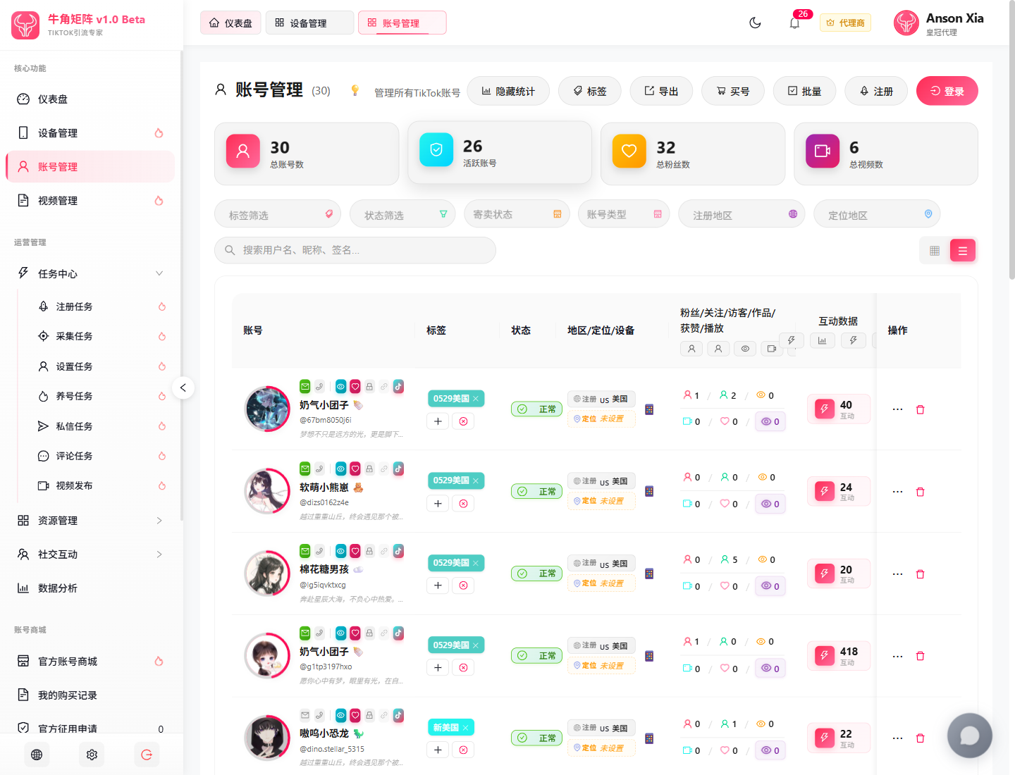 牛角矩陣用戶端賬號管理截圖，展示賬號統計、篩選區與賬號列表
